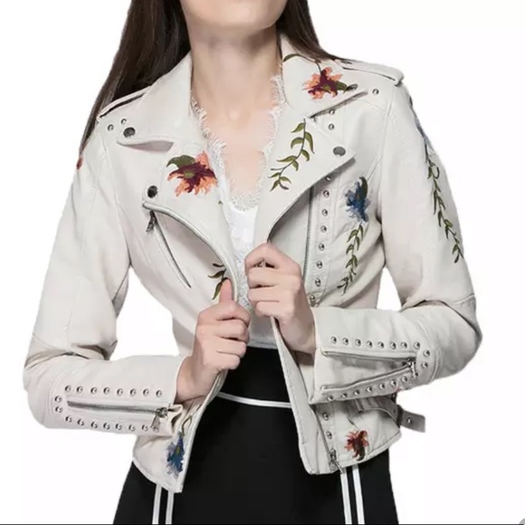 🎉All the Sizes Floral Print Embroidery FauxLeather Moto Jacket - Picture 6 of 9